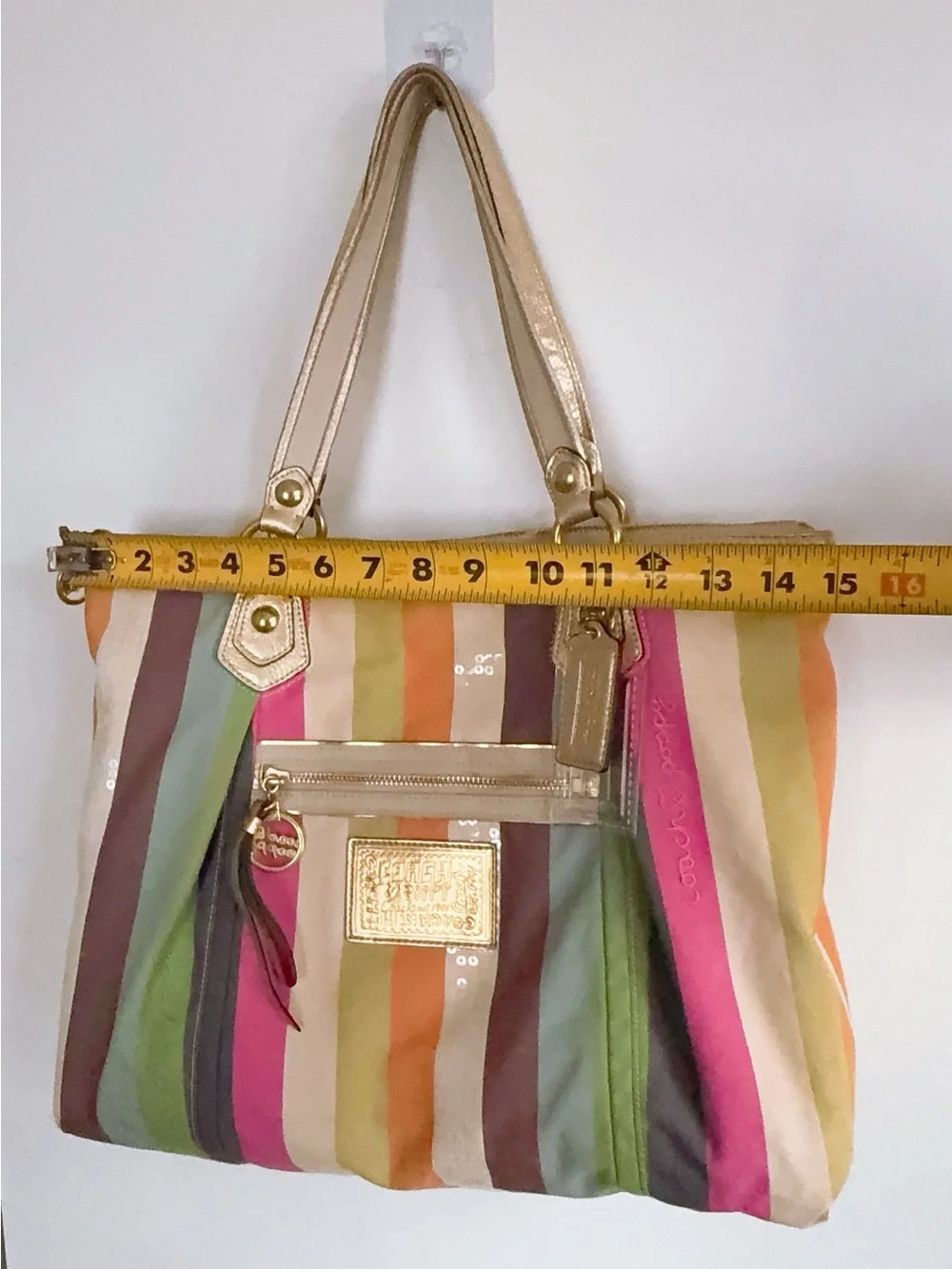 Authentic Coach Poppy Legacy Multicolor Stripes Tote Sequin & Gold Leather - Picture 9 of 12